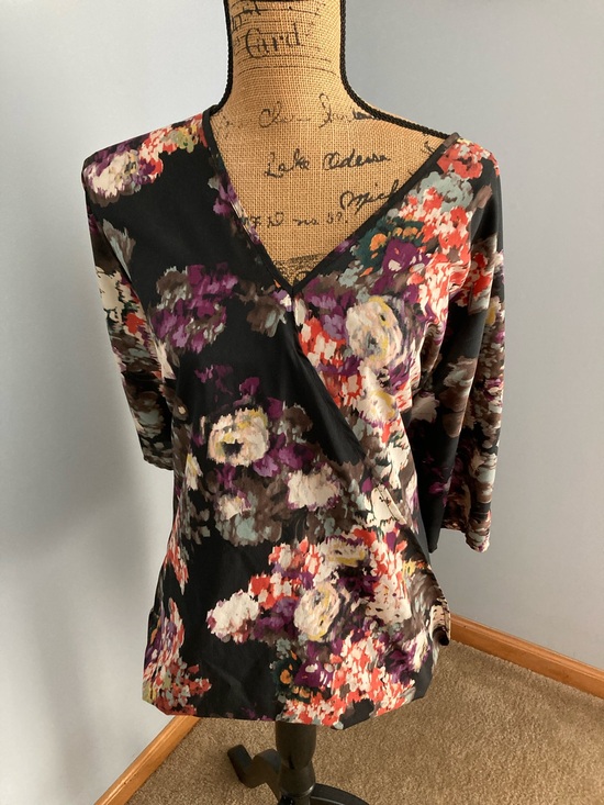 Bobeau Tops - Bobeau Black Floral Wrap-Style V-Neck Blouse